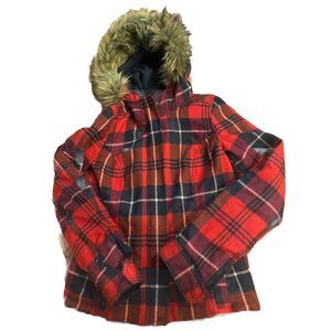 Abercrombie & Fitch Red Black Plaid Coat Faux Fur Hood Y2K Womens‎ Small Buffalo
